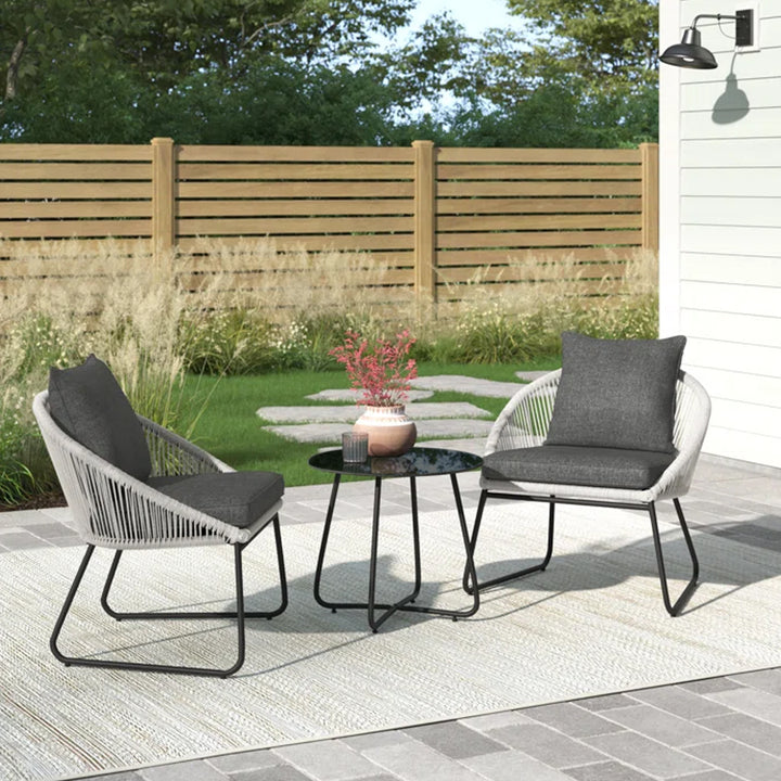 Neva Outdoor Patio Seating Set 2 Chairs and 1 Table Set (Grey) Braided & Rope