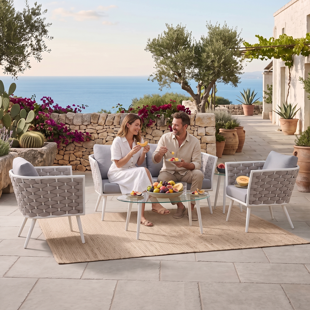 Pozen Outdoor Garden Balcony Sofa Set  2 Seater, 2 Single seater and 1 Center Table Set, Braid & Rope (White)