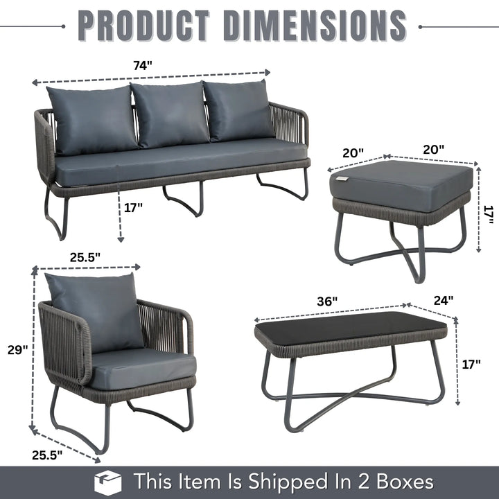 Castolo Outdoor Garden Balcony Sofa Set 3 Seater, 2 Single Seater 1 Ottoman and 1 Center Table Set Braid & Rope (Grey)