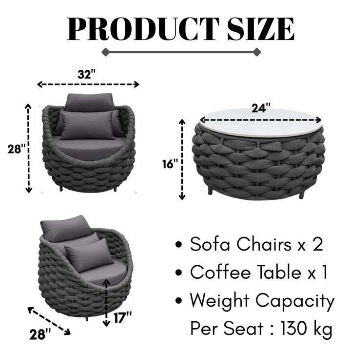 Outlee Outdoor Patio Seating Set 2 Chairs and 1 Table Set Braided & Rope