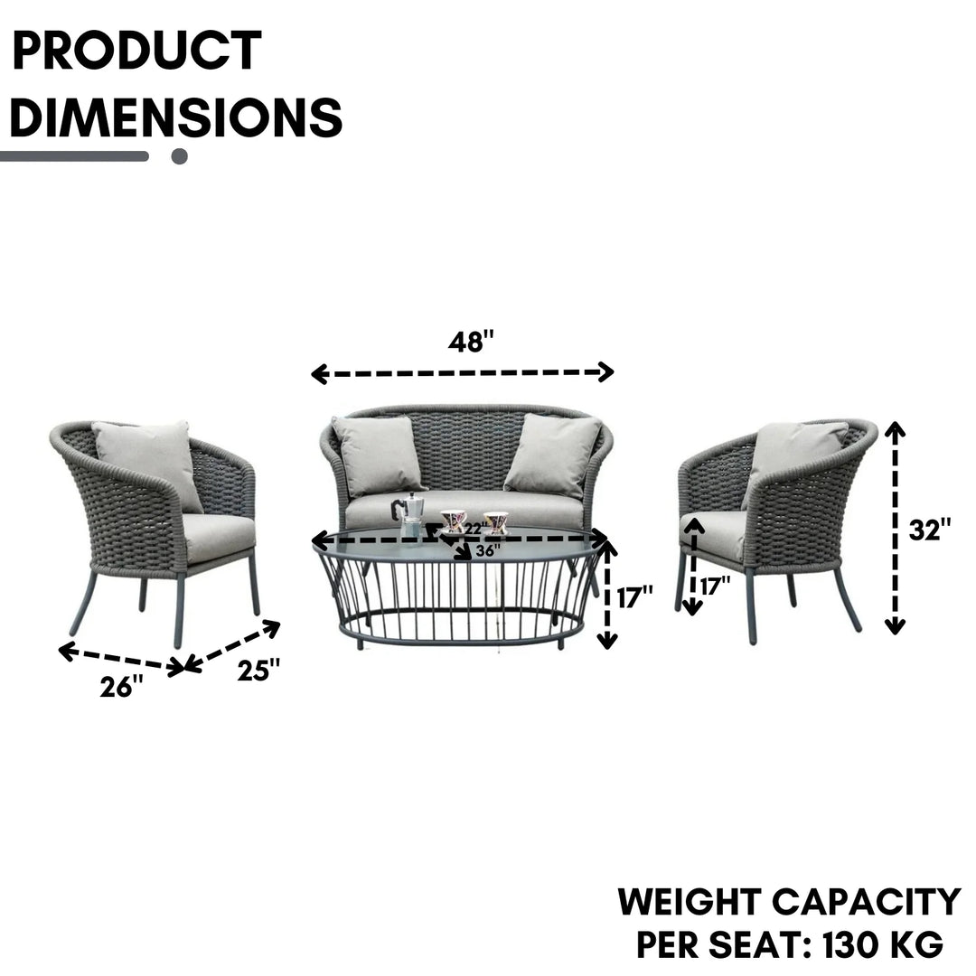 Eira Outdoor Garden Balcony Sofa Set 2 Seater , 2 Single Seater 1 Center Table Set (Black) Braided and Rope