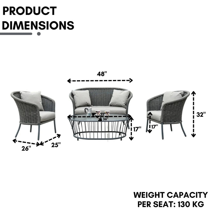 Eira Outdoor Garden Balcony Sofa Set 2 Seater , 2 Single Seater 1 Center Table Set (Black) Braided and Rope