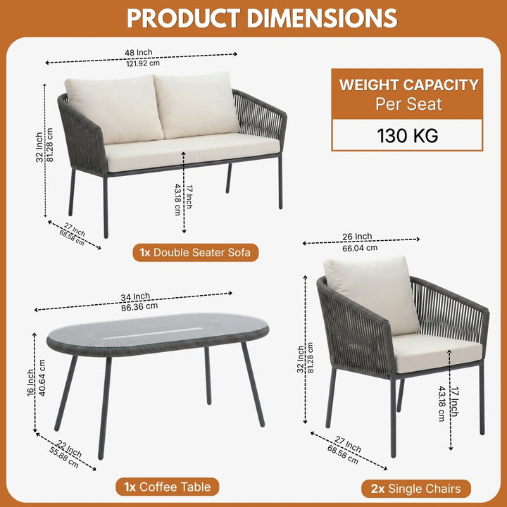 Puffen Outdoor Garden Balcony Sofa Set 2 Seater , 2 Single Seater 1 Center Table Set Braided and Rope