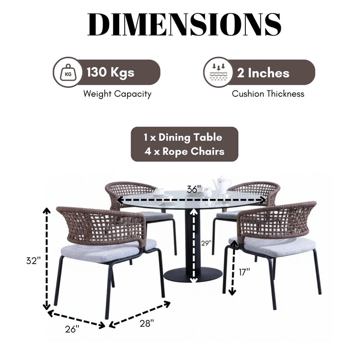 Cristo Outdoor Garden Patio Dining Set 4 Chairs and 1 Table Set (Grey) Braided & Rope