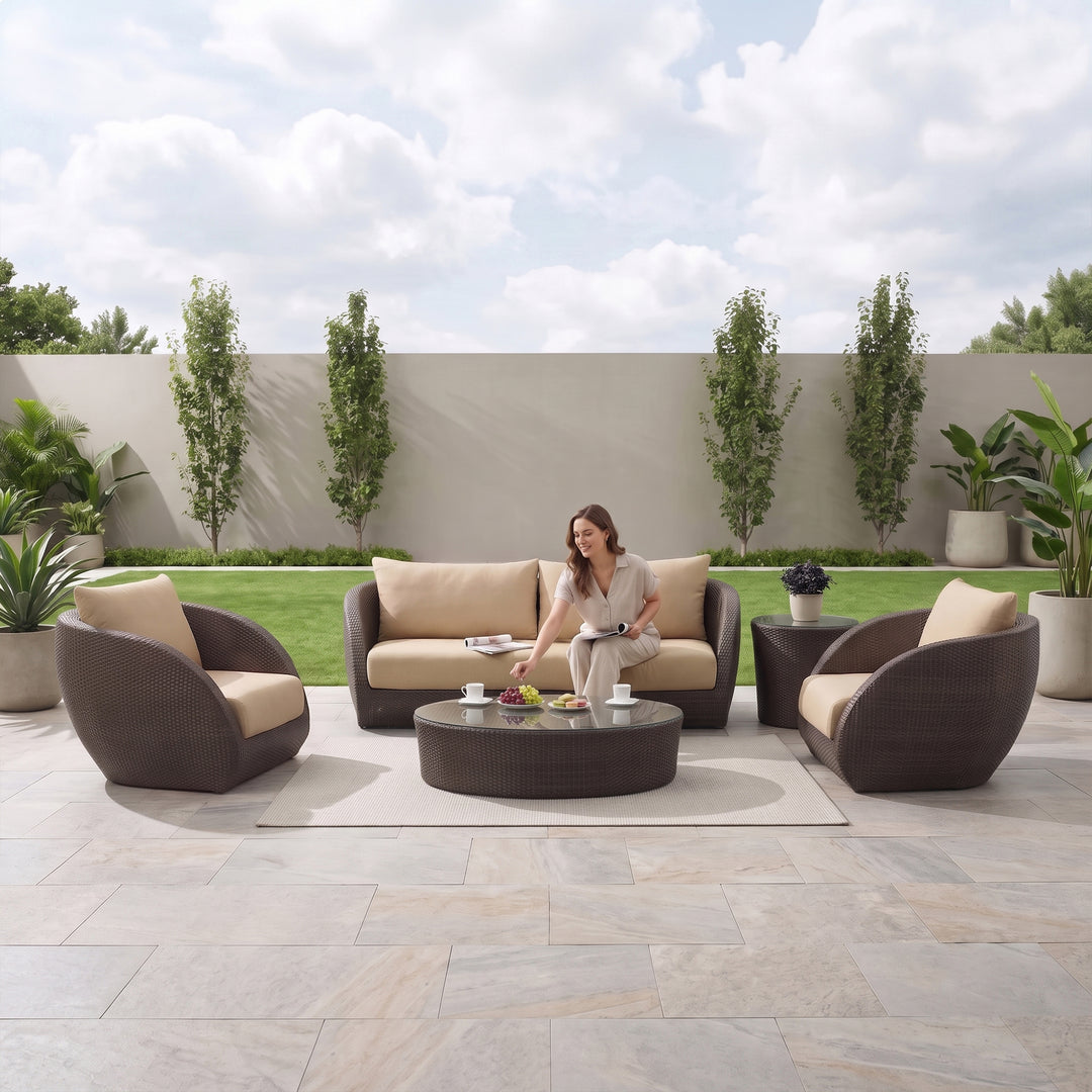 Zomera Outdoor Garden Balcony Sofa Set 3 Seater, 2 Single seater and 1 Center Table With Side Table Set (Brown)