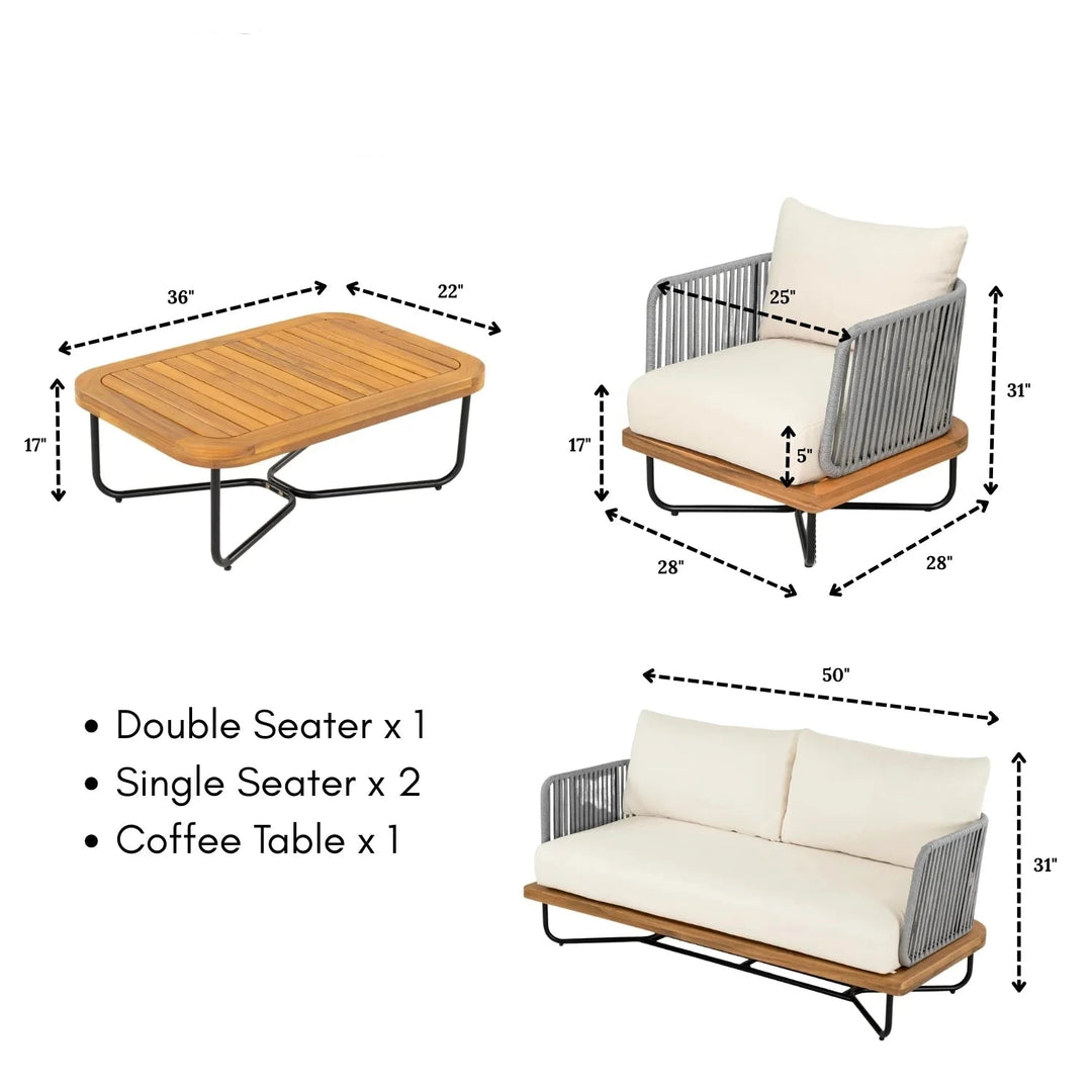 Eros Outdoor Garden Balcony Sofa Set 2 Seater , 2 Single Seater 1 Center Table Set Braided and Rope (Grey)