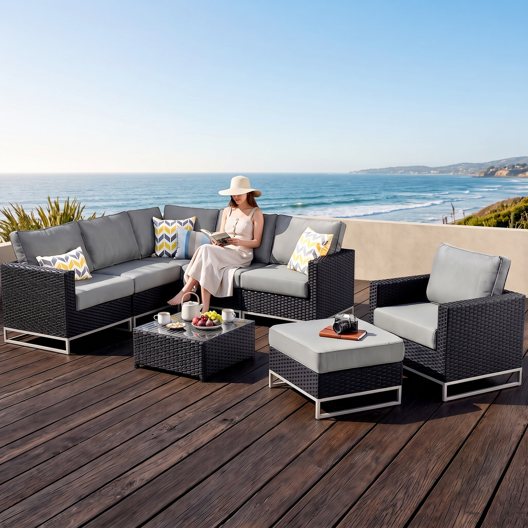 Slue Outdoor Sofa Set 5 Seater , Single seater With Ottoman and 1 Center Table Set (Black)