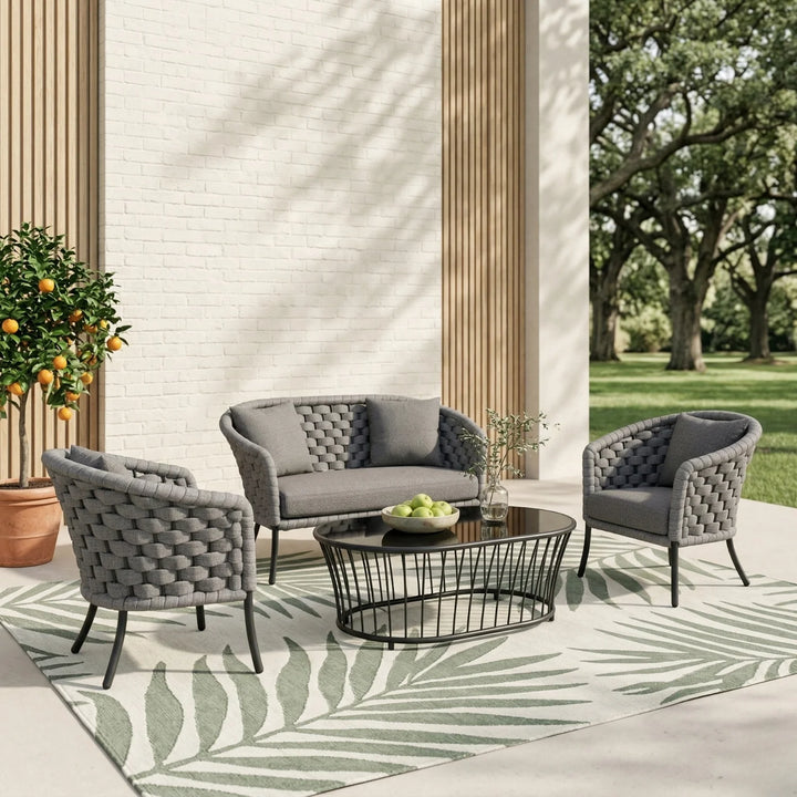 Aero Outdoor Garden Balcony Sofa Set 2 Seater , 2 Single Seater 1 Center Table Set (Grey) Braided and Rope