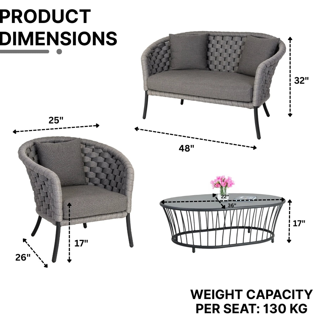 Aero Outdoor Garden Balcony Sofa Set 2 Seater , 2 Single Seater 1 Center Table Set (Grey) Braided and Rope
