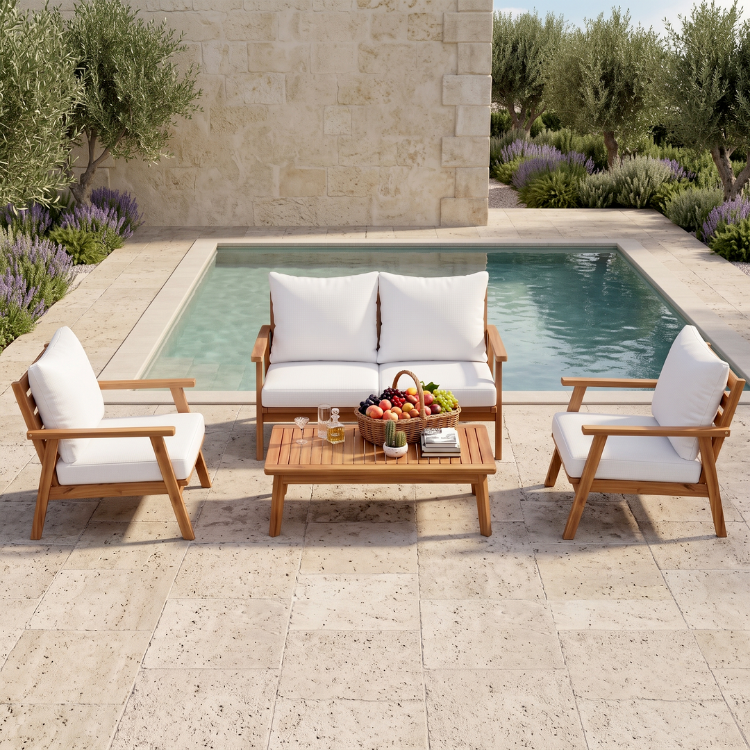 Terra Outdoor Garden Balcony Sofa Set 2 Seater , 2 Single Seater 1 Center Table Set (White) Teak Wood and Braided & Rope