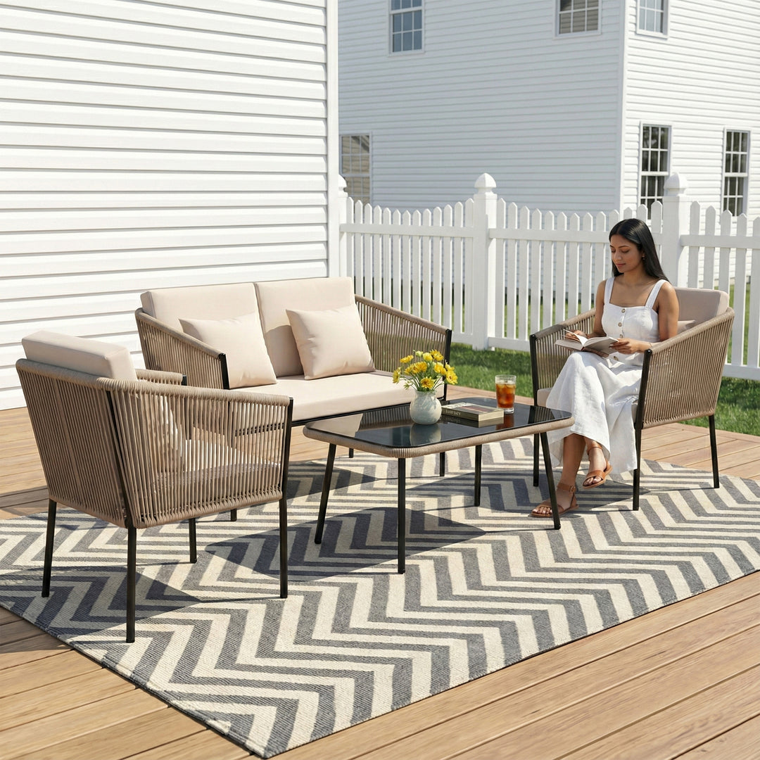 Parna Outdoor Garden Balcony Sofa Set 2 Seater , 2 Single Seater 1 Center Table Set Braided and Rope