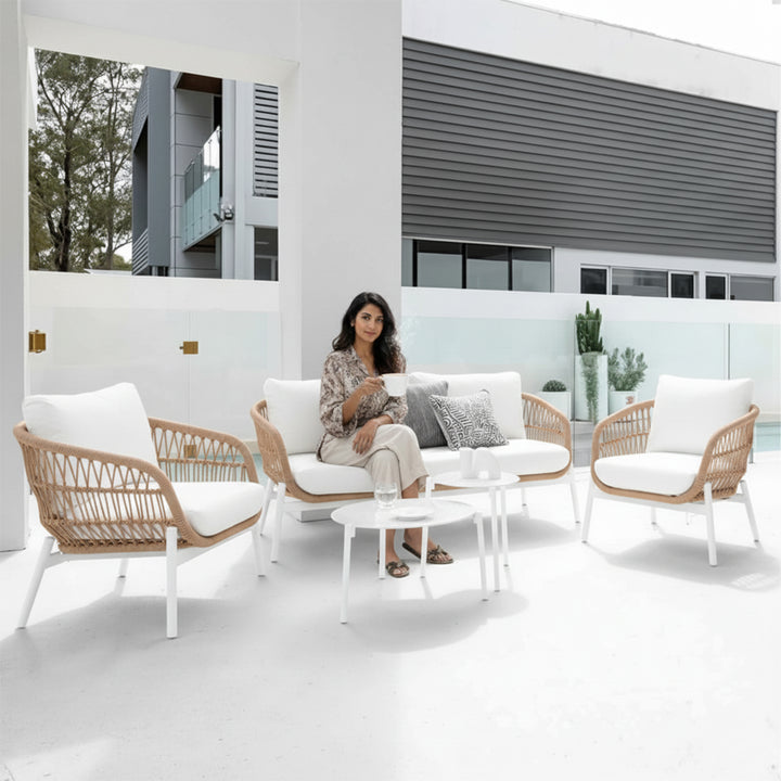 Seibi Outdoor Garden Balcony Sofa Set 2 Seater , 2 Single Seater 2 Center Table Set Braided and Rope