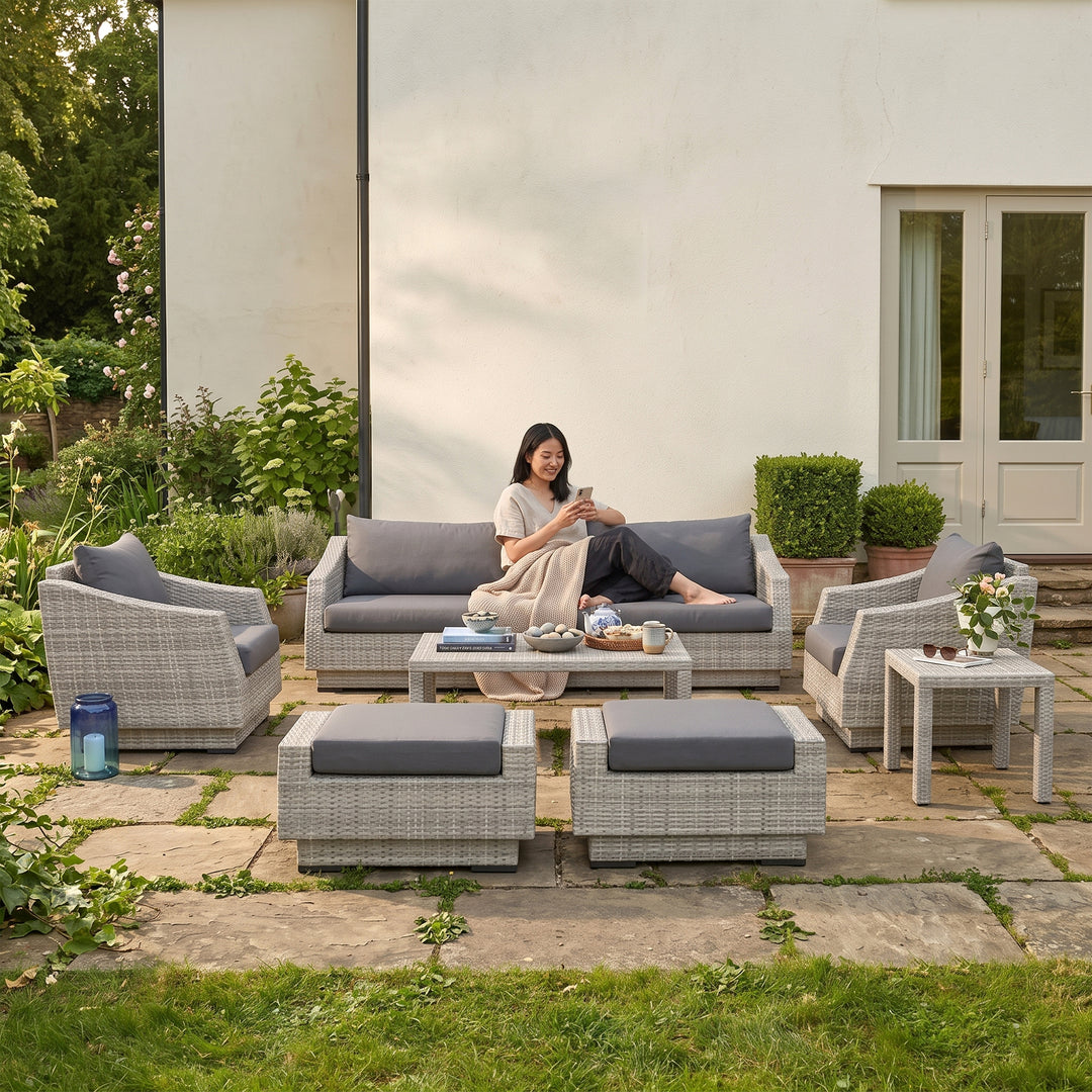 Floriana Outdoor Patio Sofa Set 3 Seater, 2 Single Seater , 2 Footstool , 1 Side table and 1 Center Table (Silver)