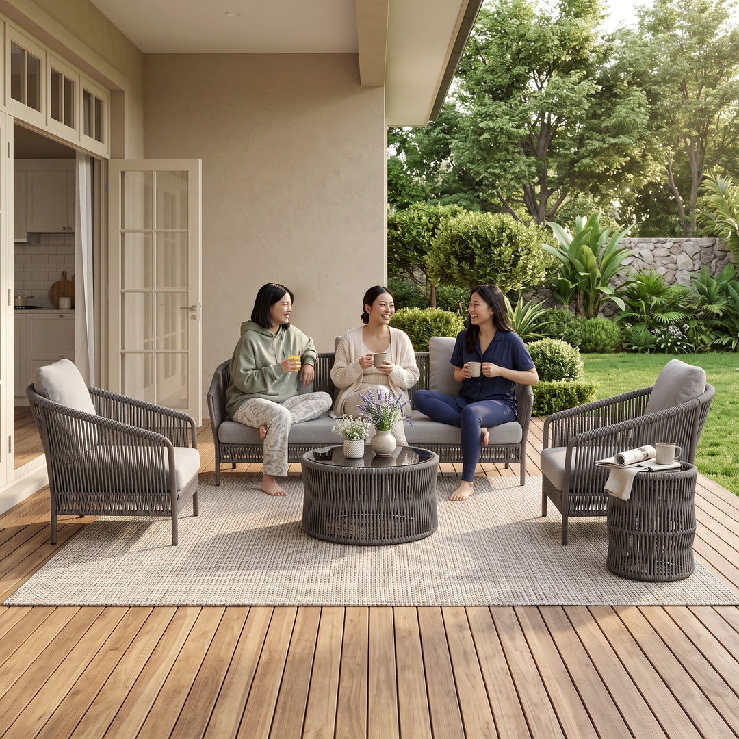 Madaki Outdoor Garden Balcony Sofa Set 3 Seater , 2 Single Seater and 1 Center Table & 1 Side Table Set, Braid & Rope (Grey)