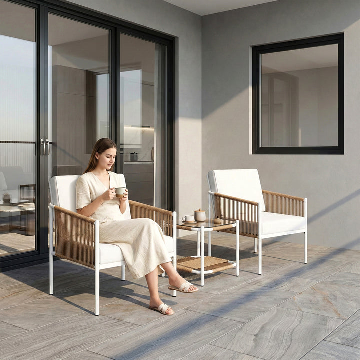 Oreva Outdoor Patio Seating Set 2 Chairs and 1 Table Set (Beige) Braided & Rope