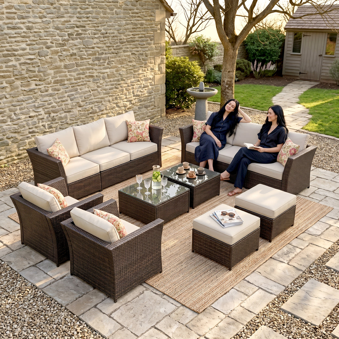 Enorson Outdoor Garden Balcony Sofa Set 2 Three Seater, 2 Single Seater With 2 Ottoman and 2 Center Table Set (Brown)