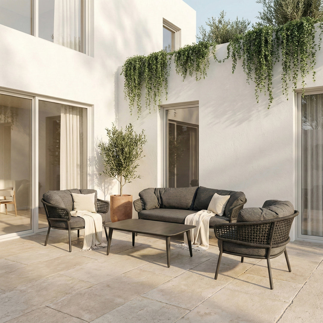 Puff Outdoor Sofa Set 2 Seater , 2 Single seater and 1 Center Table Set (Black) Braided & Rope