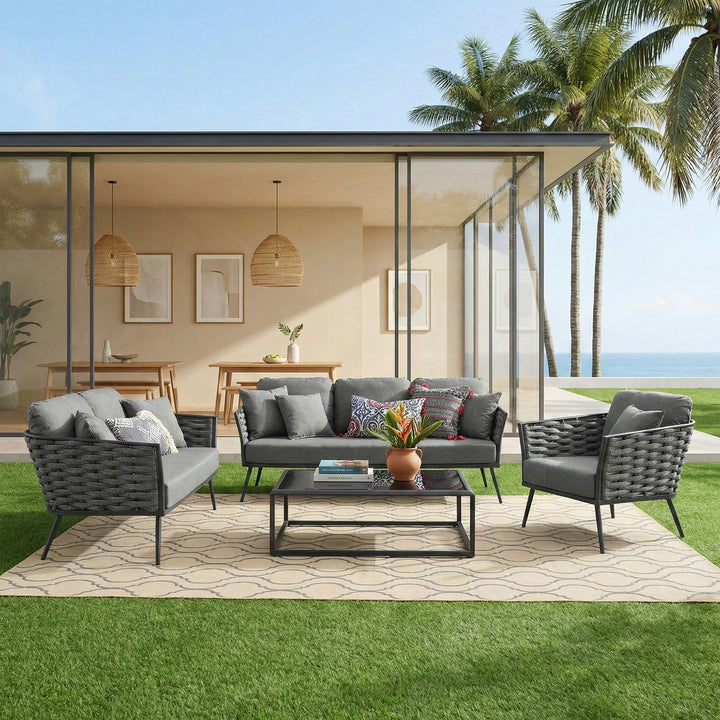 Belly Outdoor Garden Balcony Sofa Set 3 Seater,2 seater and Single Seater With 1 Table Set, Braid & Rope (Grey)