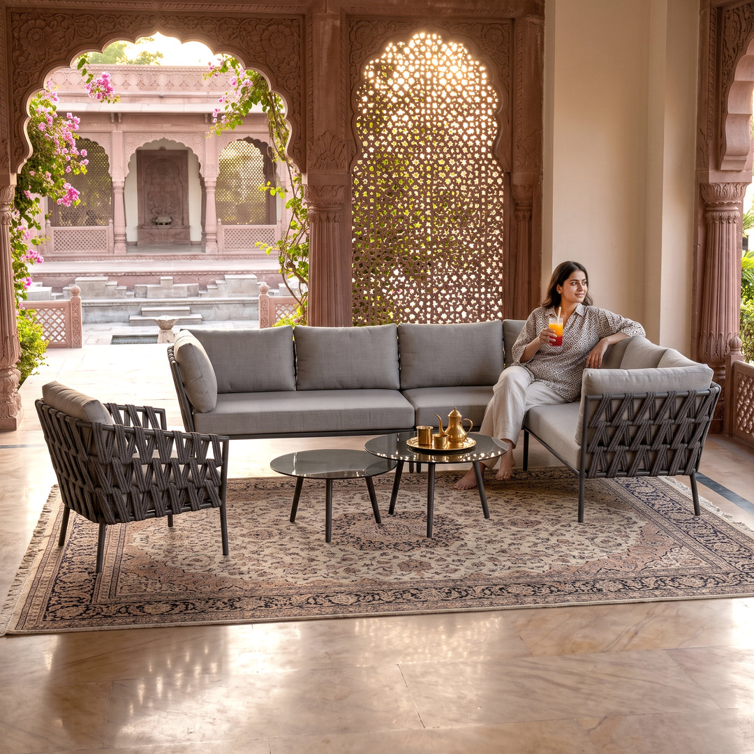 Magnus Outdoor Sofa Set 5 Seater, 1 Single seater and 2 Center Table Set (Dark Grey) Braided & Rope