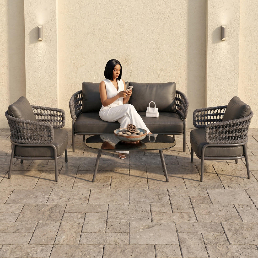 Hauwa Outdoor Garden Balcony Sofa Set 2 Seater , 2 Single Seater 1 Center Table Set Braid & Rope