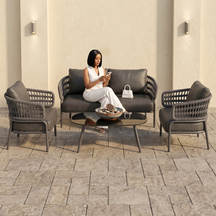 Hauwa Outdoor Garden Balcony Sofa Set 2 Seater , 2 Single Seater 1 Center Table Set Braid & Rope