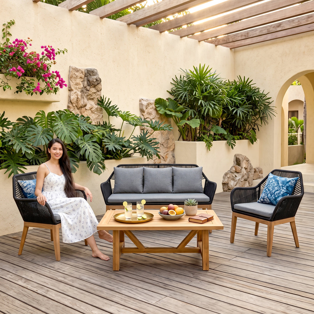 Cybella Outdoor Garden Balcony Sofa Set 2 Seater , 2 Single Seater 1 Center Table Set (Black) Braided and Rope