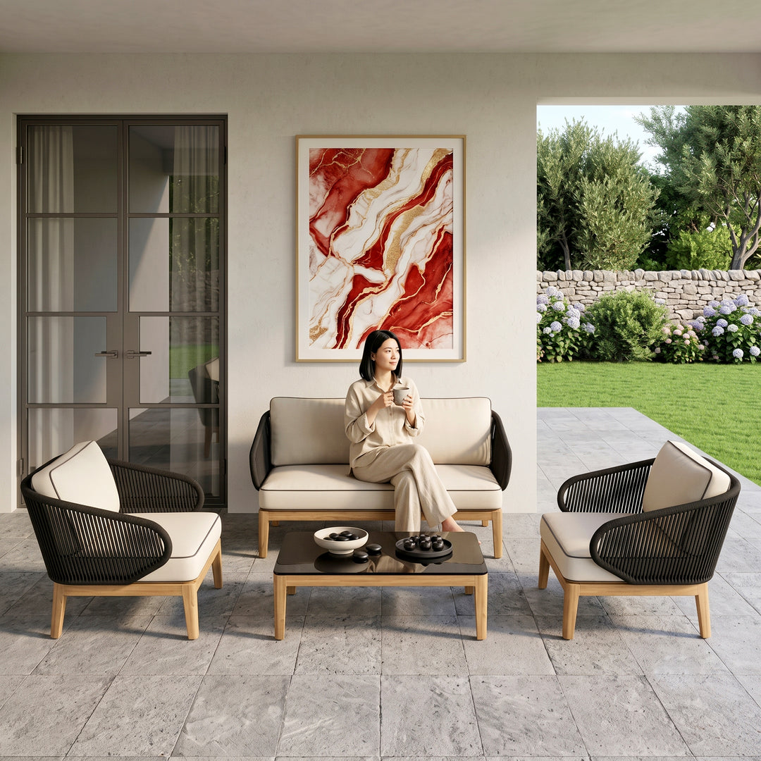 Laur Outdoor Sofa Set 2 Seater , 2 Single seater and 1 Center Table (Black + Beige) Braided & Rope