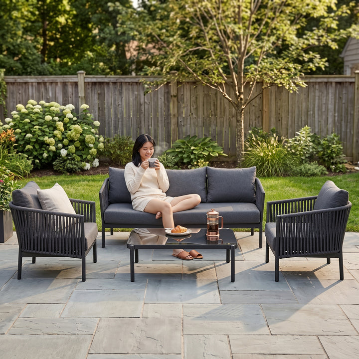 Luxo Outdoor Garden Balcony Sofa Set 3 Seater and 2 Single Seater With 1 Center Table Set, Braid & Rope