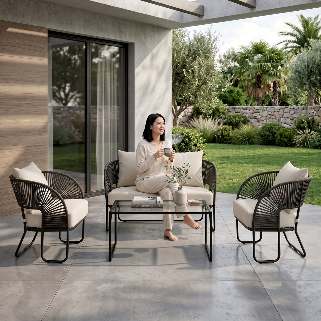Lucas Outdoor Sofa Set 2 Seater , 2 Single seater and 1 Center Table Set (Black) Braided & Rope