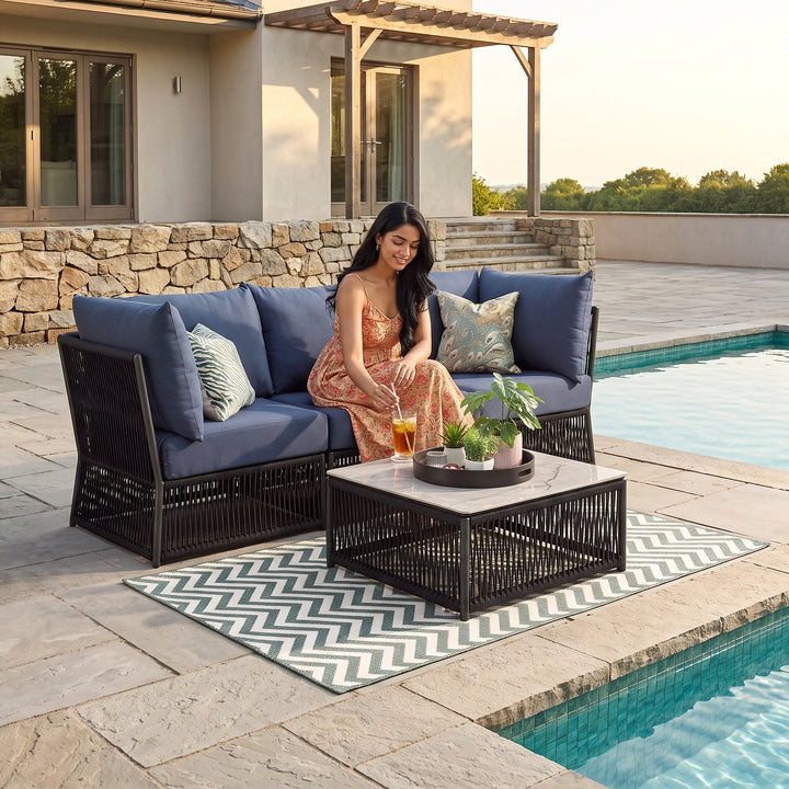 Adán Outdoor Sofa Set 3 Seater and 1 Center Table Set Braided & Rope