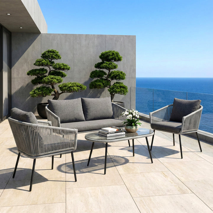 Jara Outdoor Garden Balcony Sofa Set 2 Seater , 2 Single Seater 1 Center Table Set (Grey) Braided and Rope
