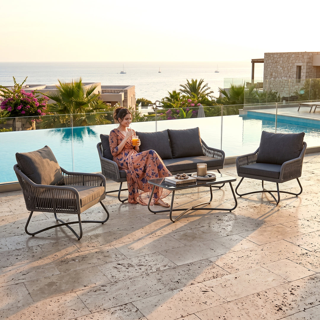Kismet Outdoor Sofa Set 3 Seater, 2 Single seater and 1 Center Table (Grey) Braided & Rope