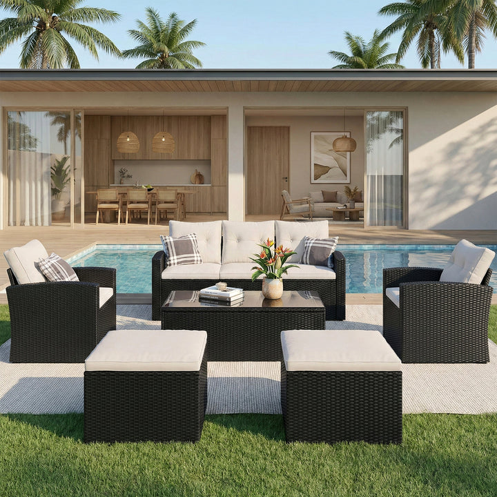 Vibo Outdoor Garden Balcony Sofa Set 3 Seater, 2 Single seater, 2 Ottoman and 1 Center Table Conversation Set (Black)