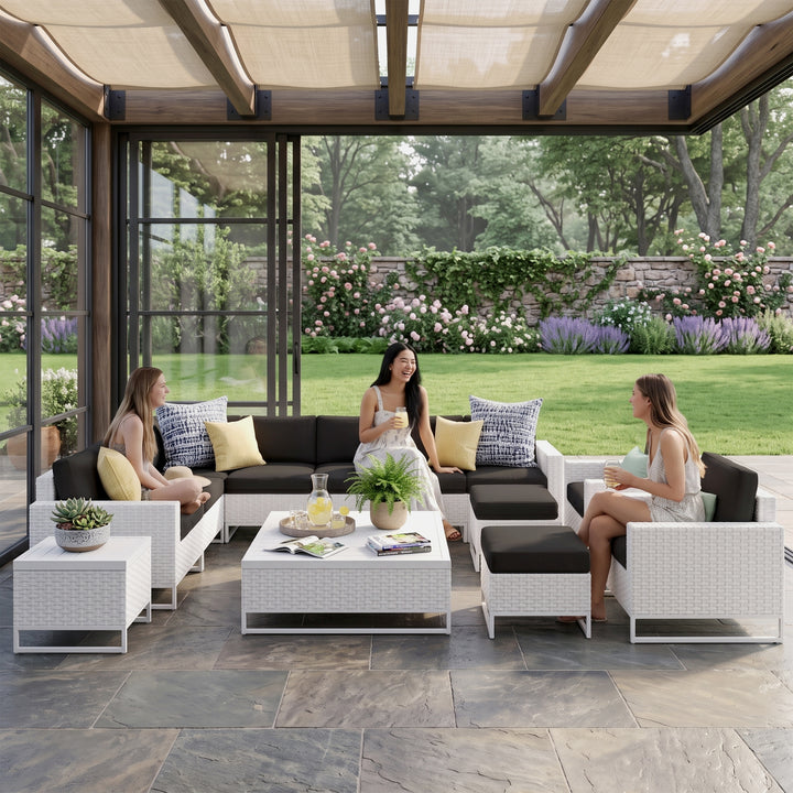 Angerona Outdoor Sofa Set 7 Seater, 2 Single seater and 1 Center Table, 1 Side Table With 2 Ottoman Set (White)