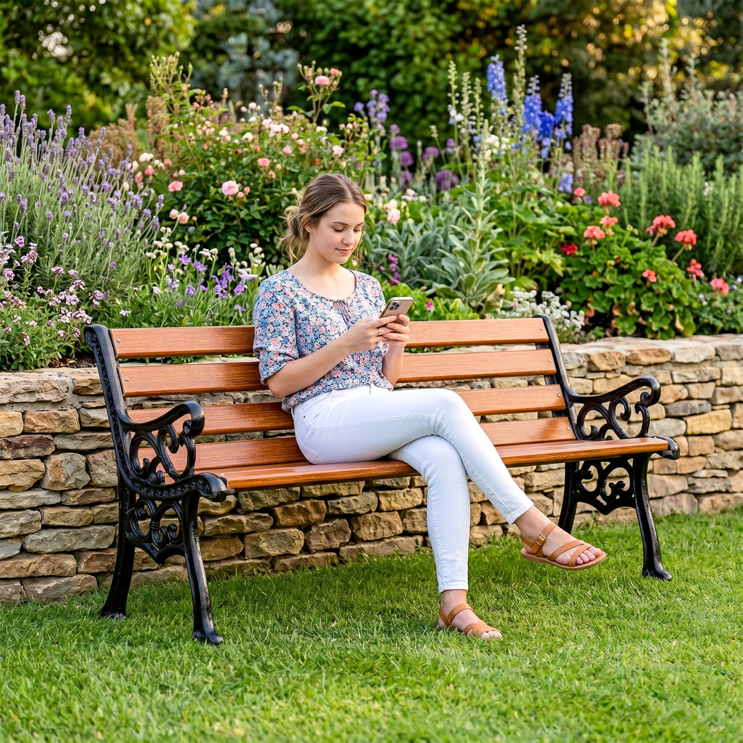 Lynn Cast Iron 3 Seater FRP Garden Bench for Outdoor Park - (Black+ Wooden Texture)