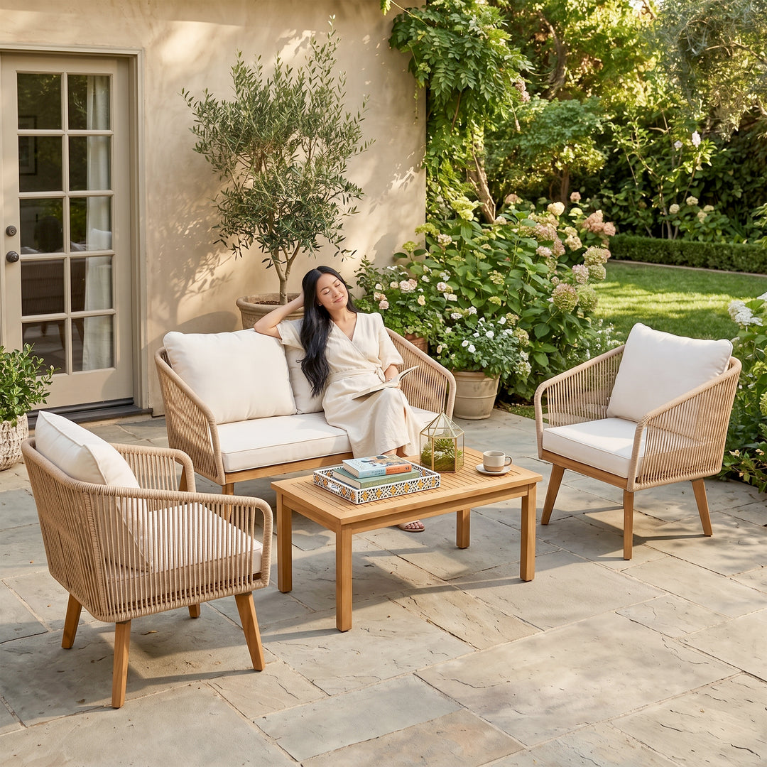 Eolia Outdoor Garden Balcony Sofa Set 2 Seater , 2 Single Seater 1 Center Table Set (Cream) Teak Wood and Braided & Rope