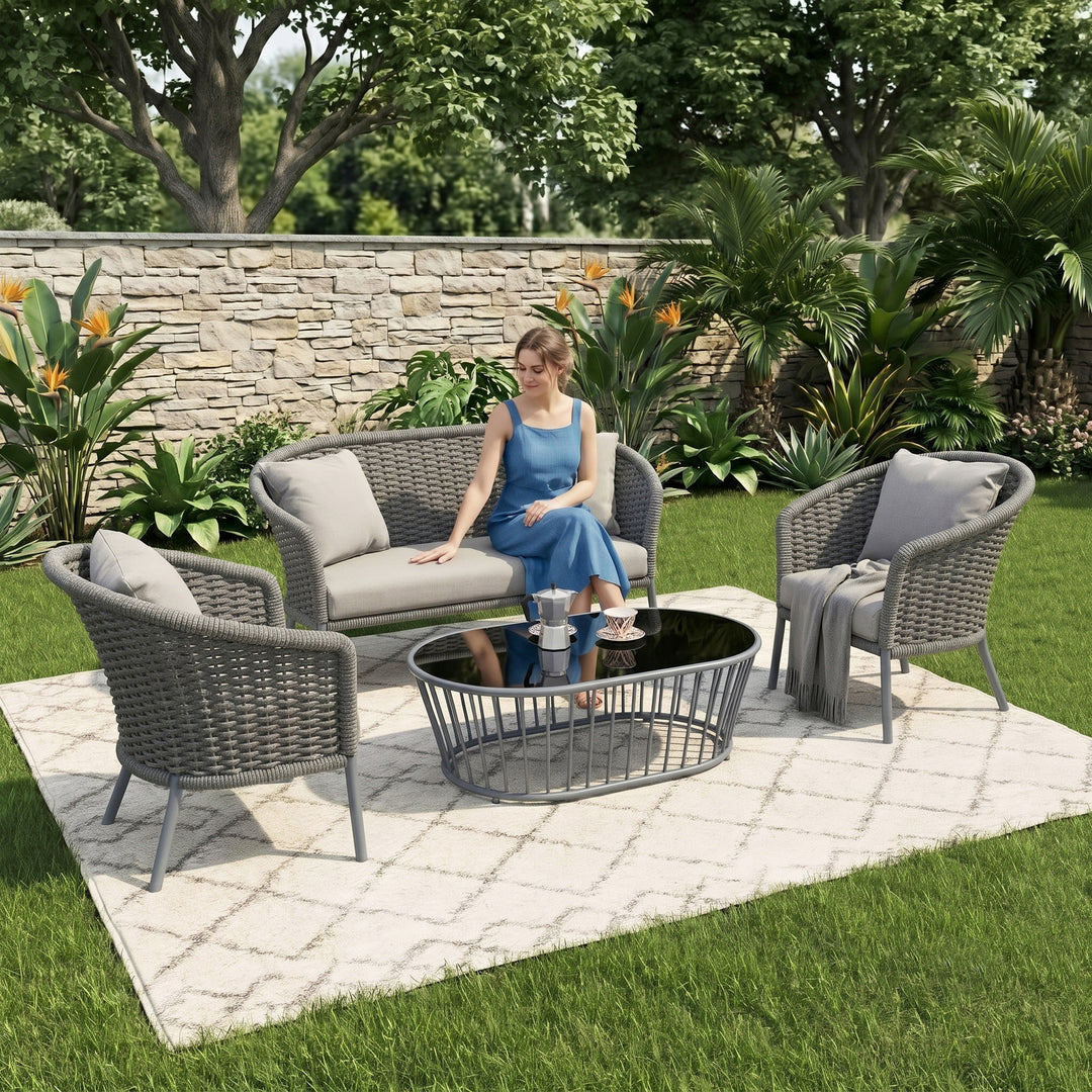 Eira Outdoor Garden Balcony Sofa Set 2 Seater , 2 Single Seater 1 Center Table Set (Black) Braided and Rope