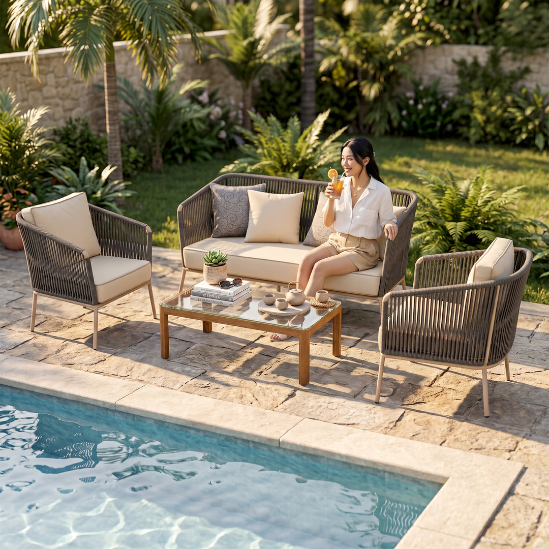 Ciro Outdoor Sofa Set 2 Seater , 2 Single seater and 1 Center Table (Dark Grey + Beige) Braided & Rope