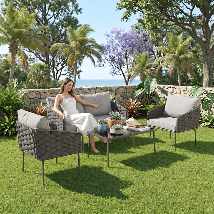Mirra Outdoor Garden Balcony Sofa Set 2 Seater , 2 Single Seater 1 Center Table Set (Grey) Braided and Rope
