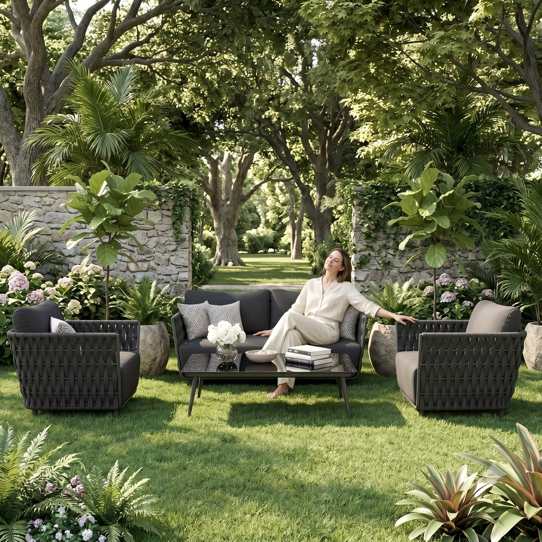 Vanyr Outdoor Garden Balcony Sofa Set 2 Seater , 2 Single Seater 1 Center Table Set (Black) Braided and Rope