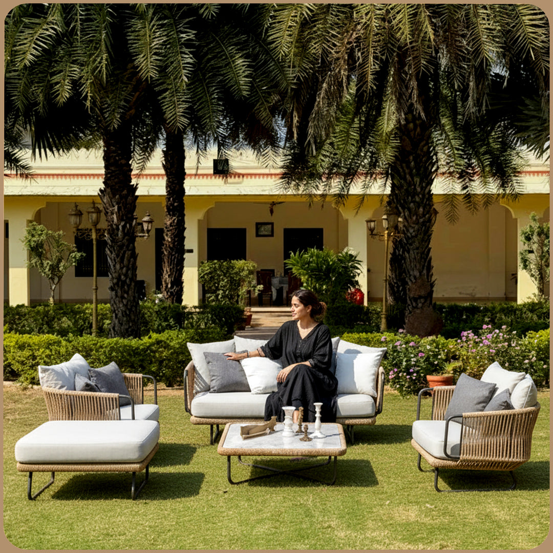 Kenly Outdoor Sofa Set 2 Seater, 2 Single seater and 1 Center Table with ottoman (Tan) Braided & Rope