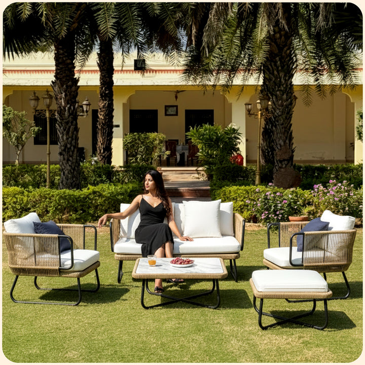 Elix Outdoor Sofa Set 2 Seater, 2 Single seater and 1 Center Table with ottoman (Tan) Braided & Rope
