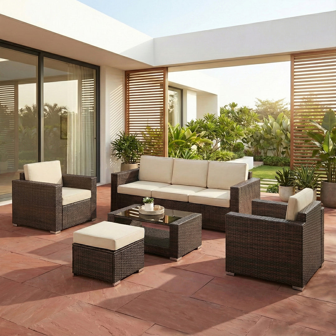 Jovis Outdoor Garden Balcony Sofa Set 3 Seater, 2 Single seater With 1 Ottoman and 1 Center Table Set (Brown)