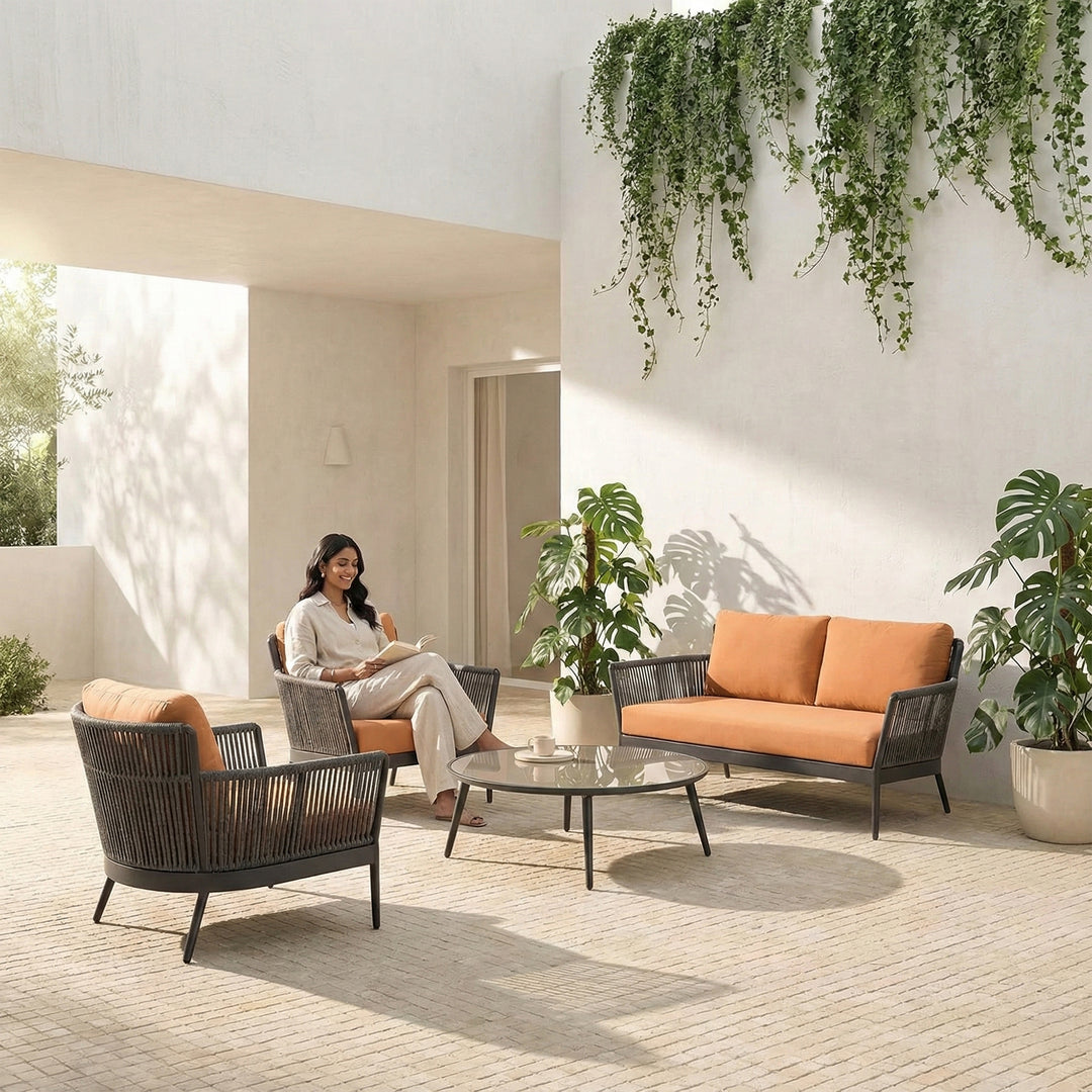 Rua Outdoor Garden Balcony Sofa Set 2 Seater , 2 Single Seater 1 Center Table Set (Dark Grey) Braided and Rope