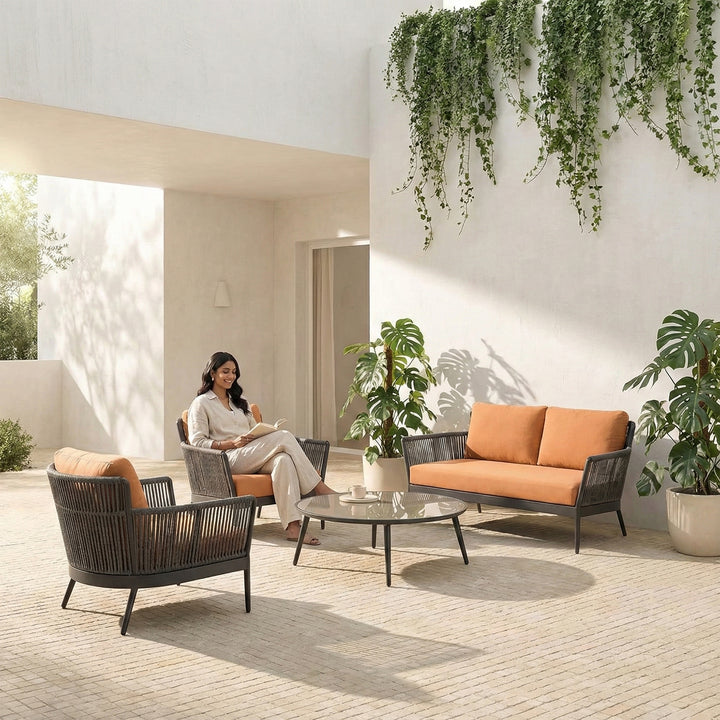 Rua Outdoor Garden Balcony Sofa Set 2 Seater , 2 Single Seater 1 Center Table Set (Dark Grey) Braided and Rope