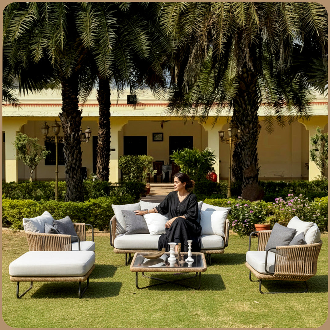 Kenly Outdoor Sofa Set 2 Seater, 2 Single seater and 1 Center Table with ottoman (Beige) Braided & Rope
