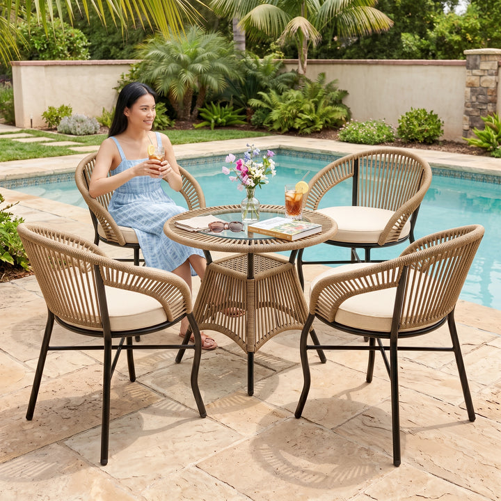 Hilux Outdoor Patio Seating Set 4 Chairs and 1 Table Set Braided & Rope