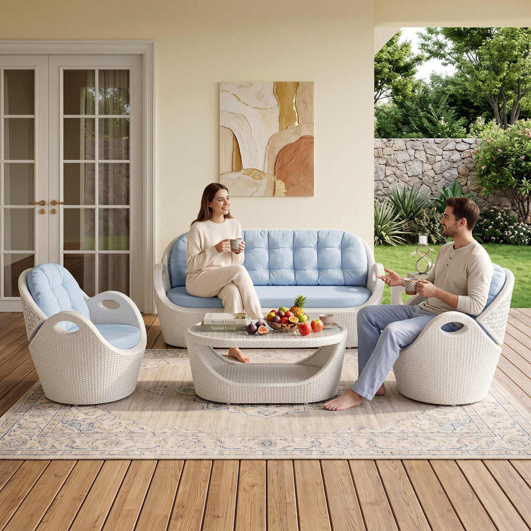 Alush Outdoor Sofa Set 3 Seater , 2 Single seater and 1 Center Table (White)