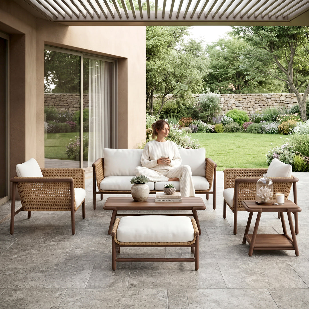 Zamioma Outdoor Garden Balcony Sofa Set 2 Seater, 2 Single seater, 1 Ottoman, 1 Coffee Table and 1 Side Table Conversation Set (Honey)