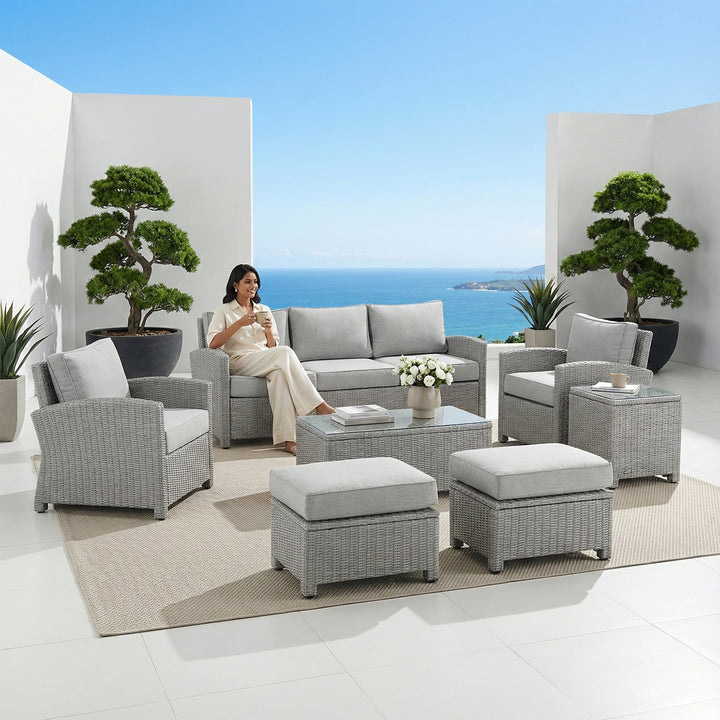 Bien Outdoor Garden Balcony Sofa Set 3 Seater, 2 Single seater, 2 Ottoman and 1 Center Table Conversation Set (Grey)